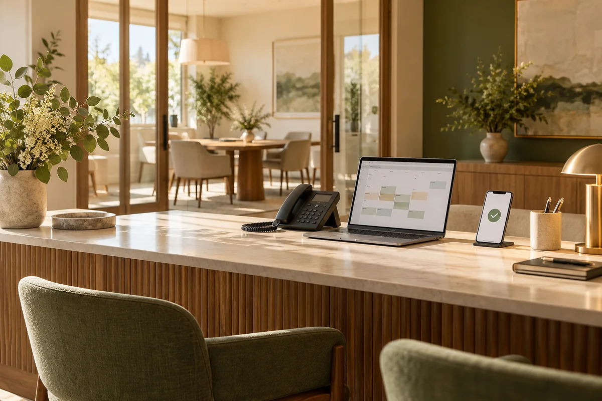 A reception desk with a phone and an appointment calendar