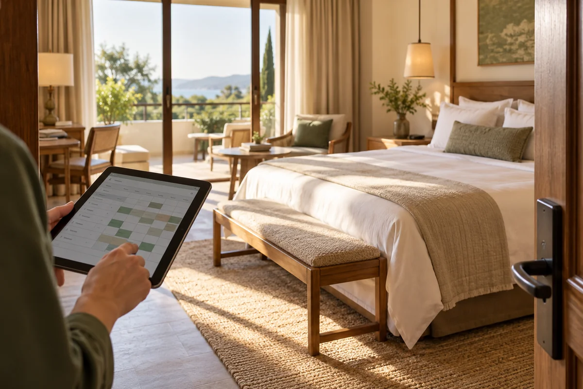 A welcoming guest room with a room-availability tablet in the foreground