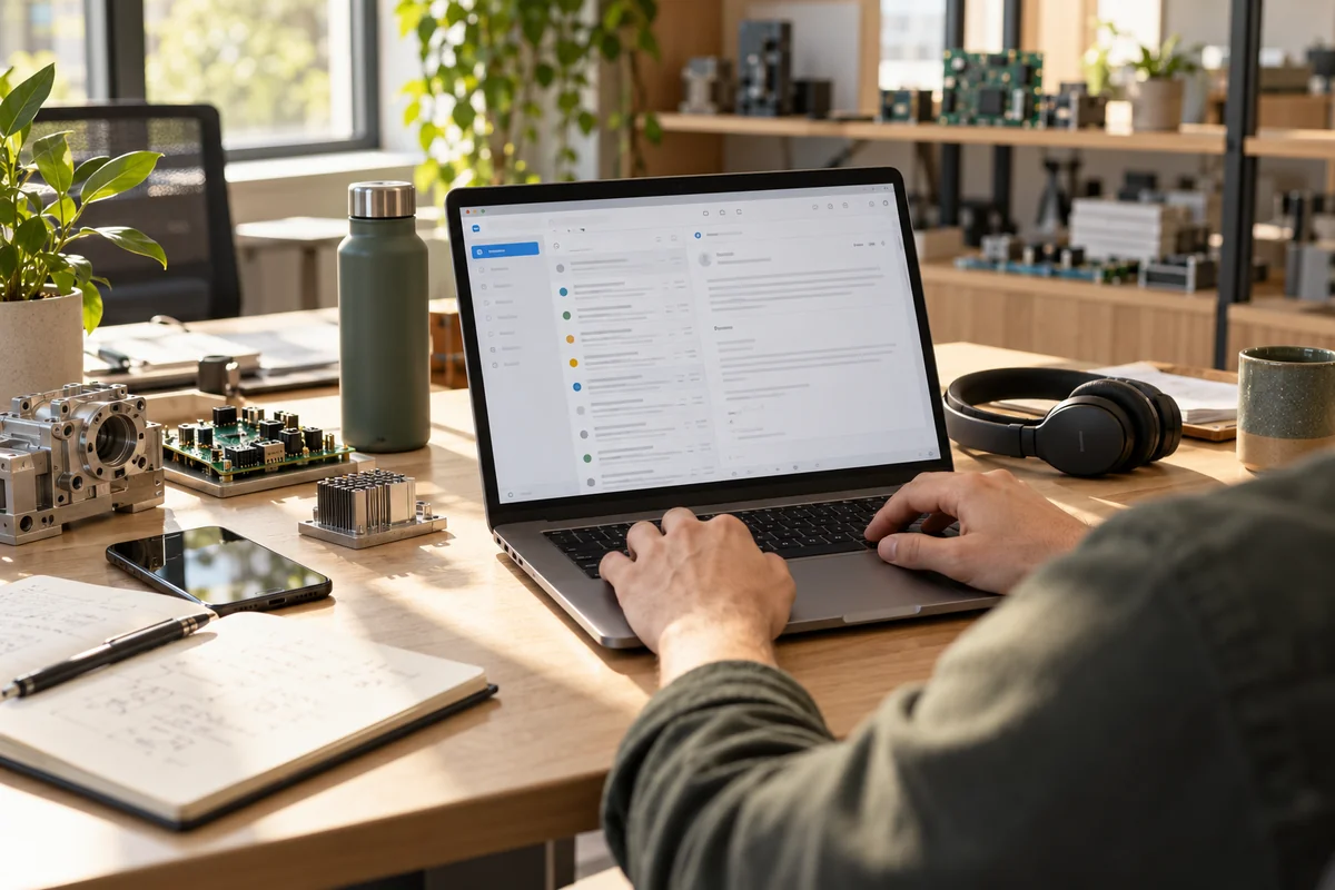 A technical sales workstation with email, a headset, and electronic components