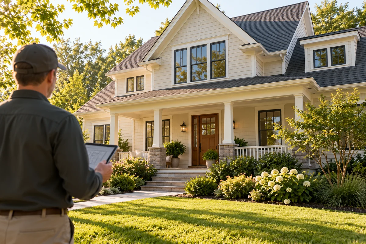 A residential house and a property inspector holding a tablet