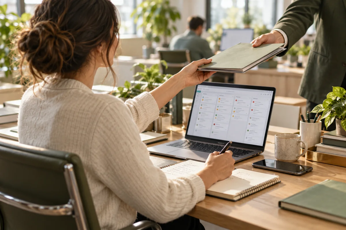 A sunlit sales office desk with a laptop, phone, and lead-processing workspace
