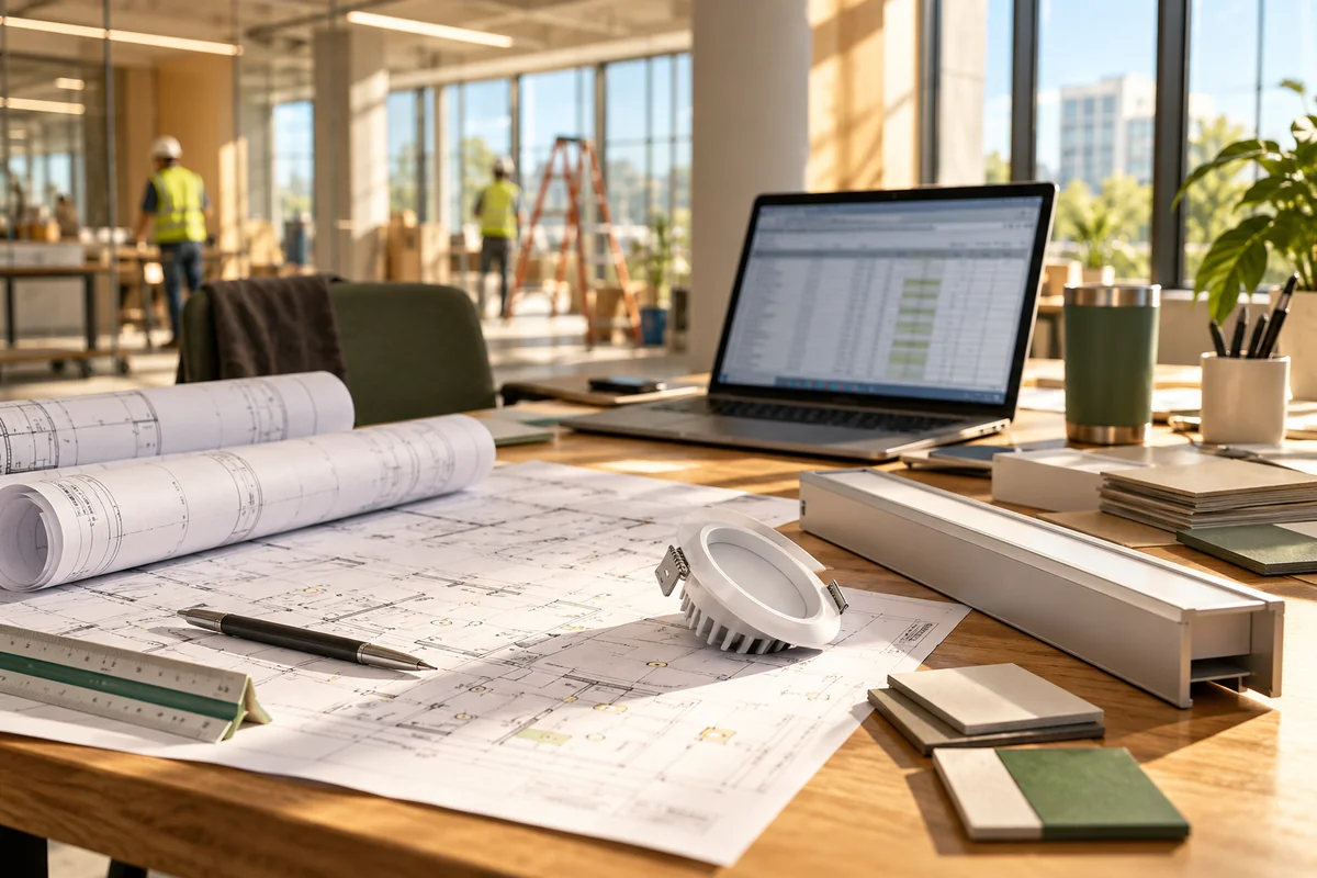 Lighting fixture samples and architectural plans on a construction estimating desk