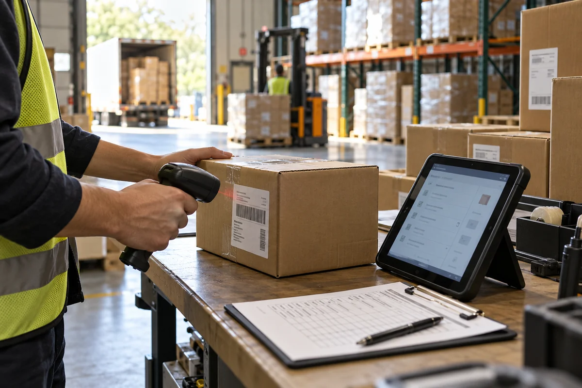 A warehouse receiving station with shipping cartons, a tablet, and an order checklist