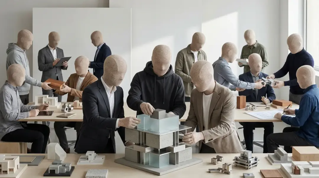 Faceless AI agent figures working together around architectural models