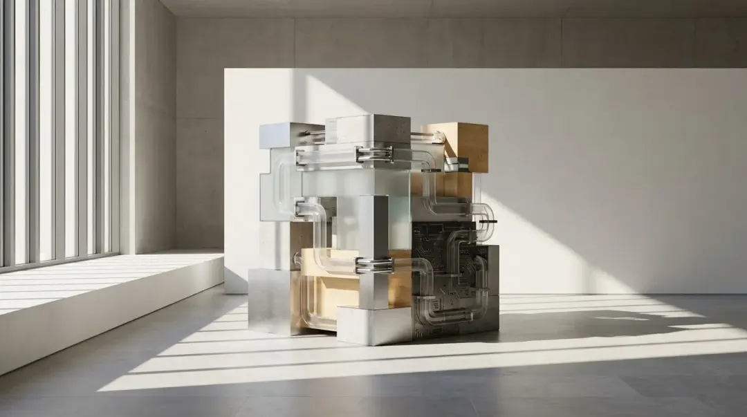 A glass and steel sculpture in a quiet concrete room