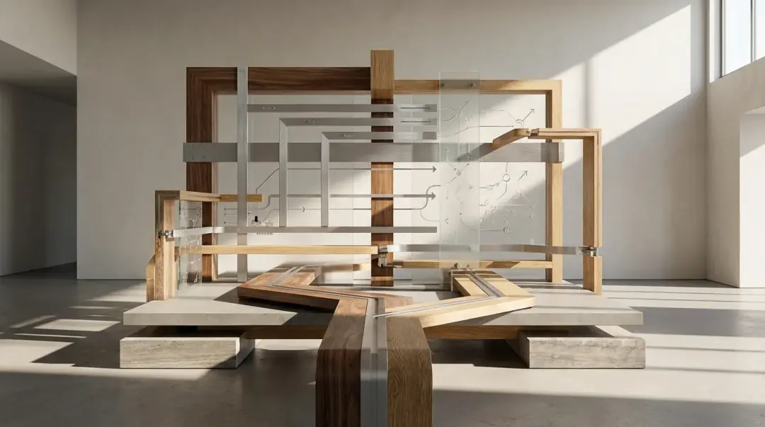 A timber and glass sculpture in a sunlit architectural space