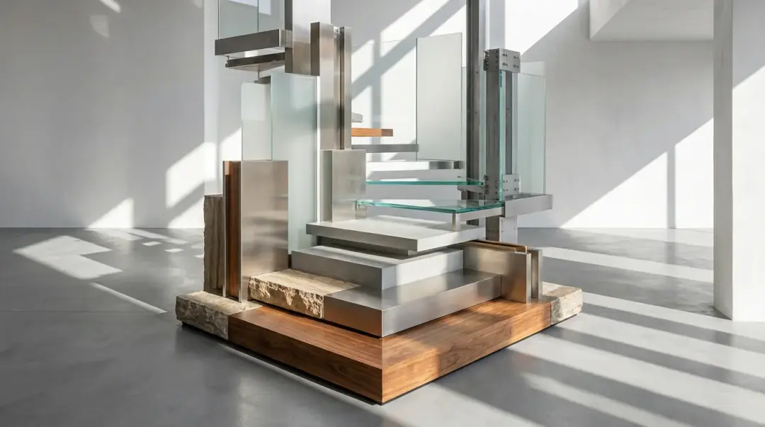 A sculptural glass form supported by warm timber blocks